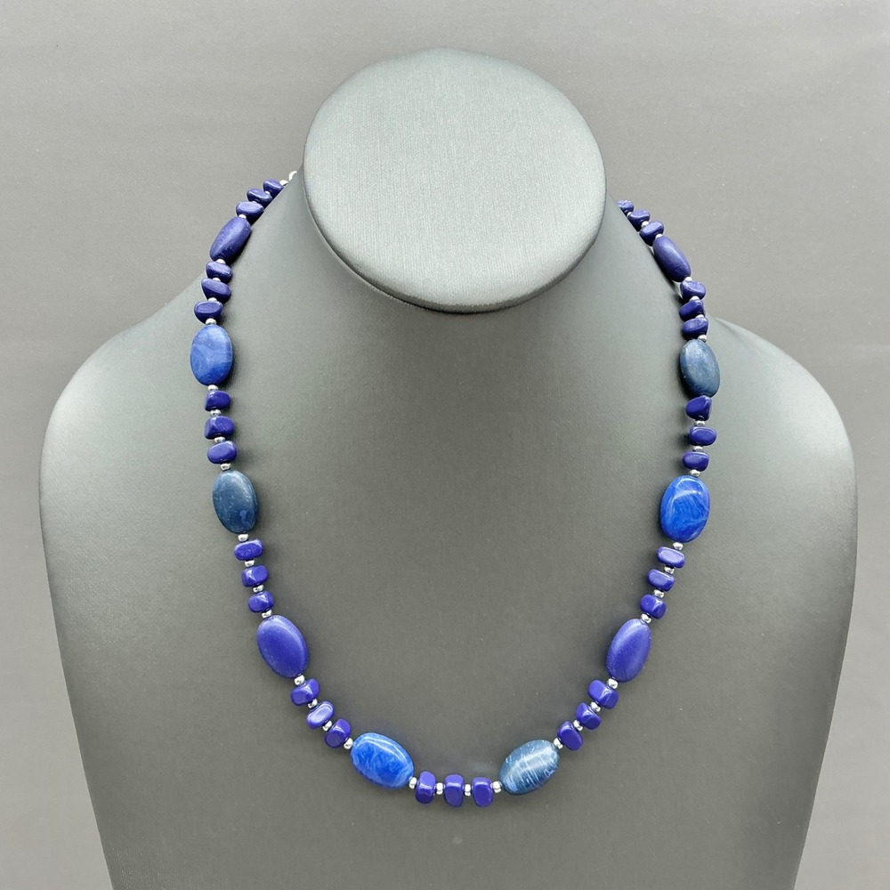 Chaps Necklace Womens Blue Silver Tone Beaded Lapis Style Oval Stone 18 Inch